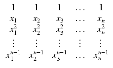 $\displaystyle \begin{array}{ccccc} 1 & 1 & 1 & \ldots & 1 \\
x_1 & x_2 & x_3...
...\vdots \\
x_1^{n-1} & x_2^{n-1} & x_3^{n-1} & \ldots & x_n^{n-1} \end{array}$