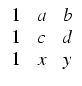 $\displaystyle \begin{array}{ccc}
1 & a & b \\
1 & c & d \\
1 & x & y
\end{array}$