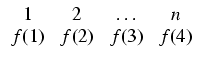 $\displaystyle \begin{array}{cccc} 1 & 2 & \ldots & n   f(1) & f(2) & f(3) & f(4) \end{array}$